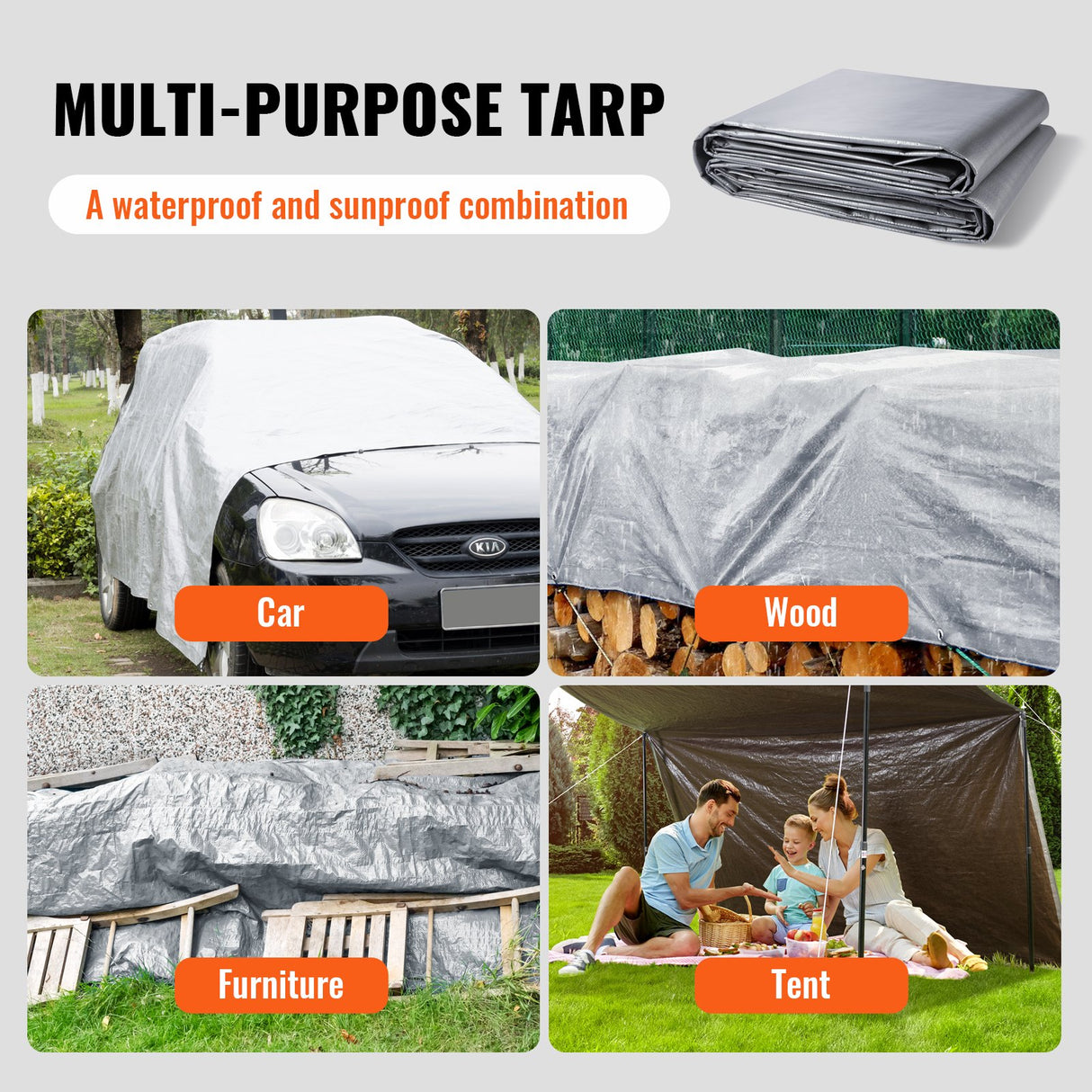 VEVOR Tarp Waterproof Tarpaulin 20 x 30 ft 10 Mil Plastic Poly Tear UV Resistant