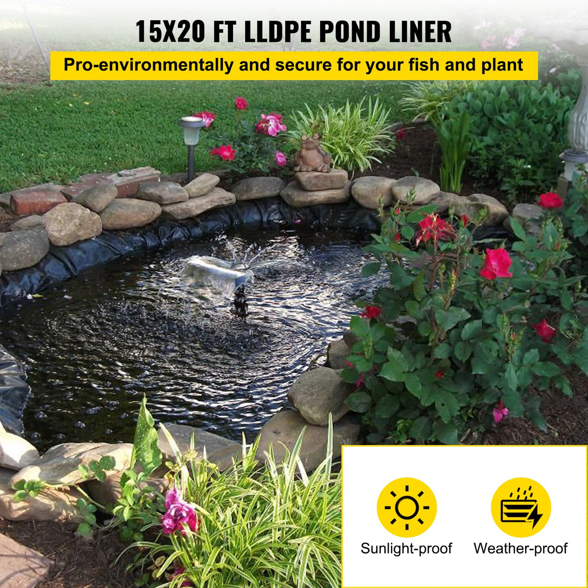 VEVOR LLDPE Pond Liner 15x20 ft, Pond Liner 20 Mil, Fish Pond Liners for Waterfall, Pond and Fish Po