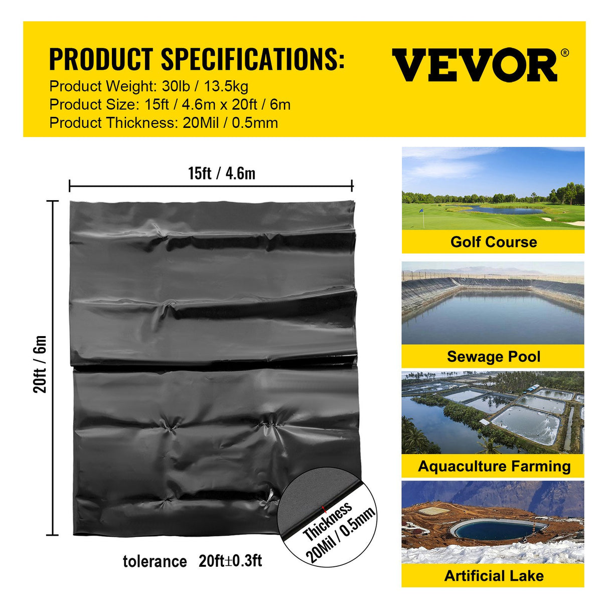 VEVOR LLDPE Pond Liner 15x20 ft, Pond Liner 20 Mil, Fish Pond Liners for Waterfall, Pond and Fish Po