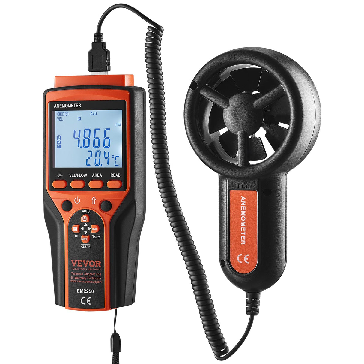 VEVOR Split Handheld Anemometer, Digital Wind Speed CFM Meter Gauge with LED Backlight Screen, Measures Wind Velocity Wind Temperature Air Flow Wind Chill, for Sailing Surfing Flying HVAC