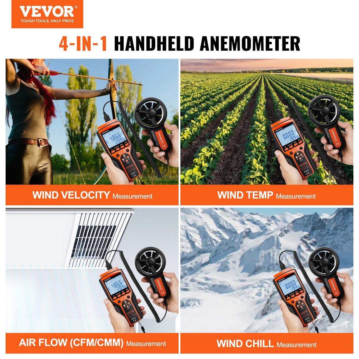 Split Handheld Anemometer, Digital Wind Speed CFM Meter Gauge with LED Backlight Screen, Measures Wind Velocity Wind Temperature Air Flow Wind Chill, for Sailing Surfing Flying HVAC