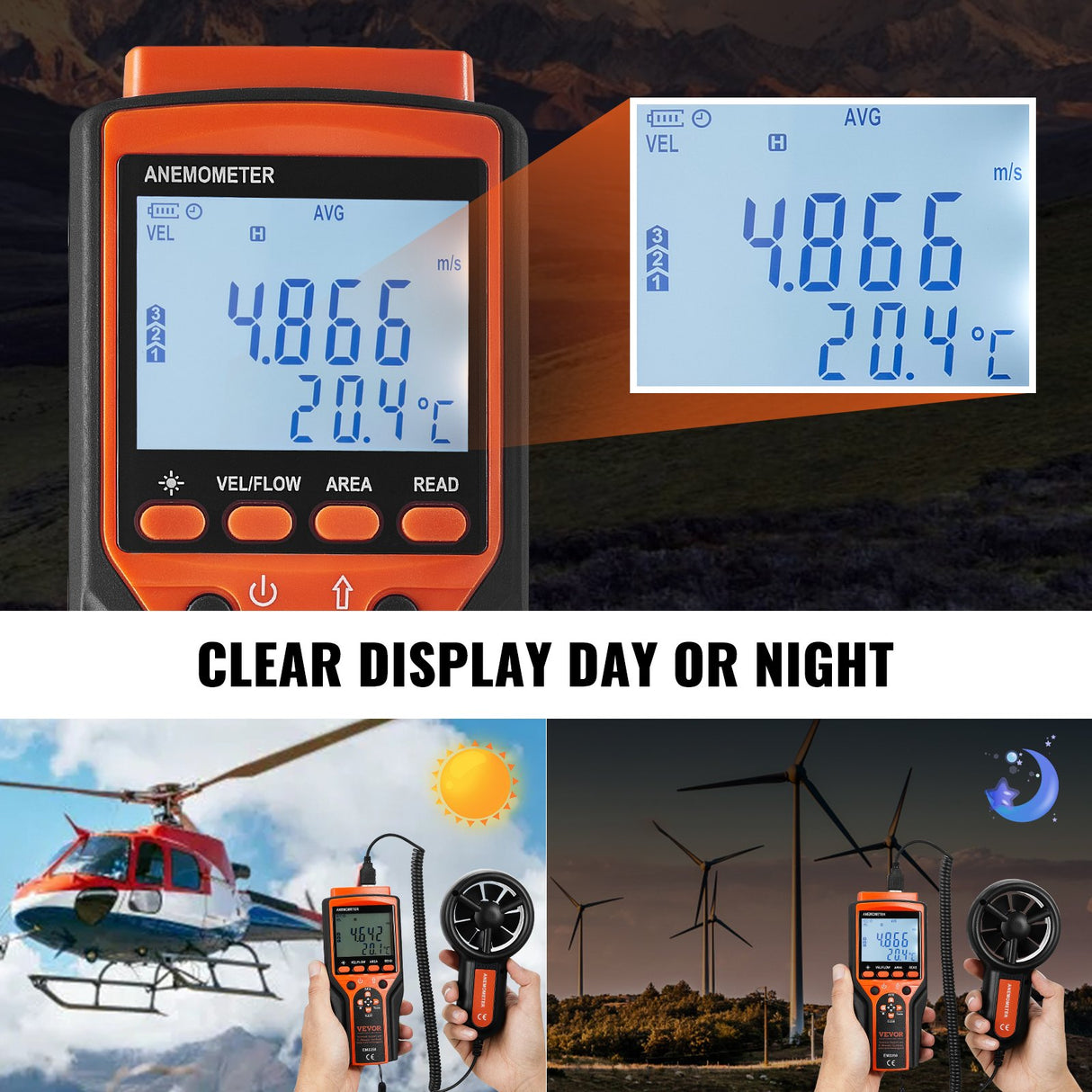 Split Handheld Anemometer, Digital Wind Speed CFM Meter Gauge with LED Backlight Screen, Measures Wind Velocity Wind Temperature Air Flow Wind Chill, for Sailing Surfing Flying HVAC