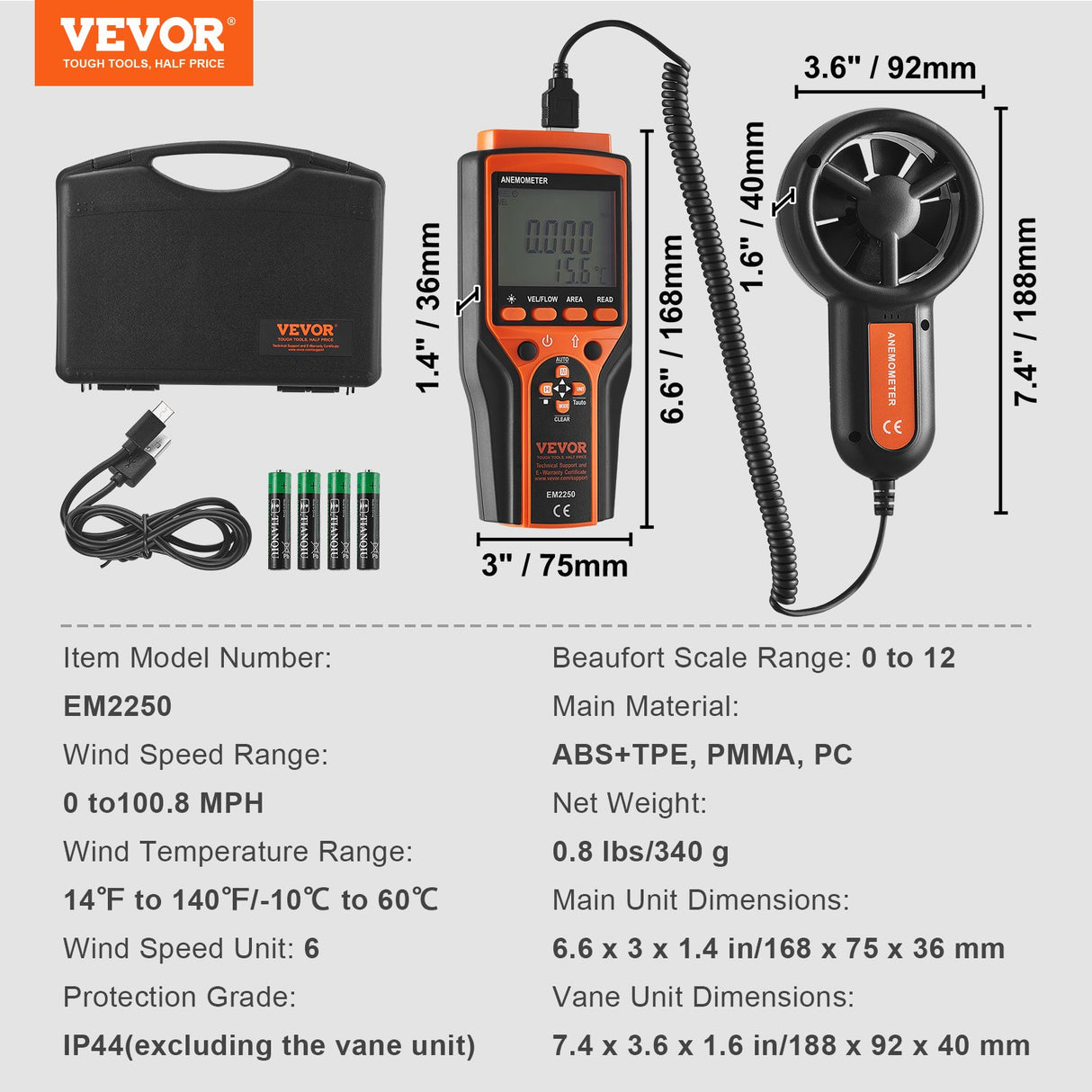 Split Handheld Anemometer, Digital Wind Speed CFM Meter Gauge with LED Backlight Screen, Measures Wind Velocity Wind Temperature Air Flow Wind Chill, for Sailing Surfing Flying HVAC