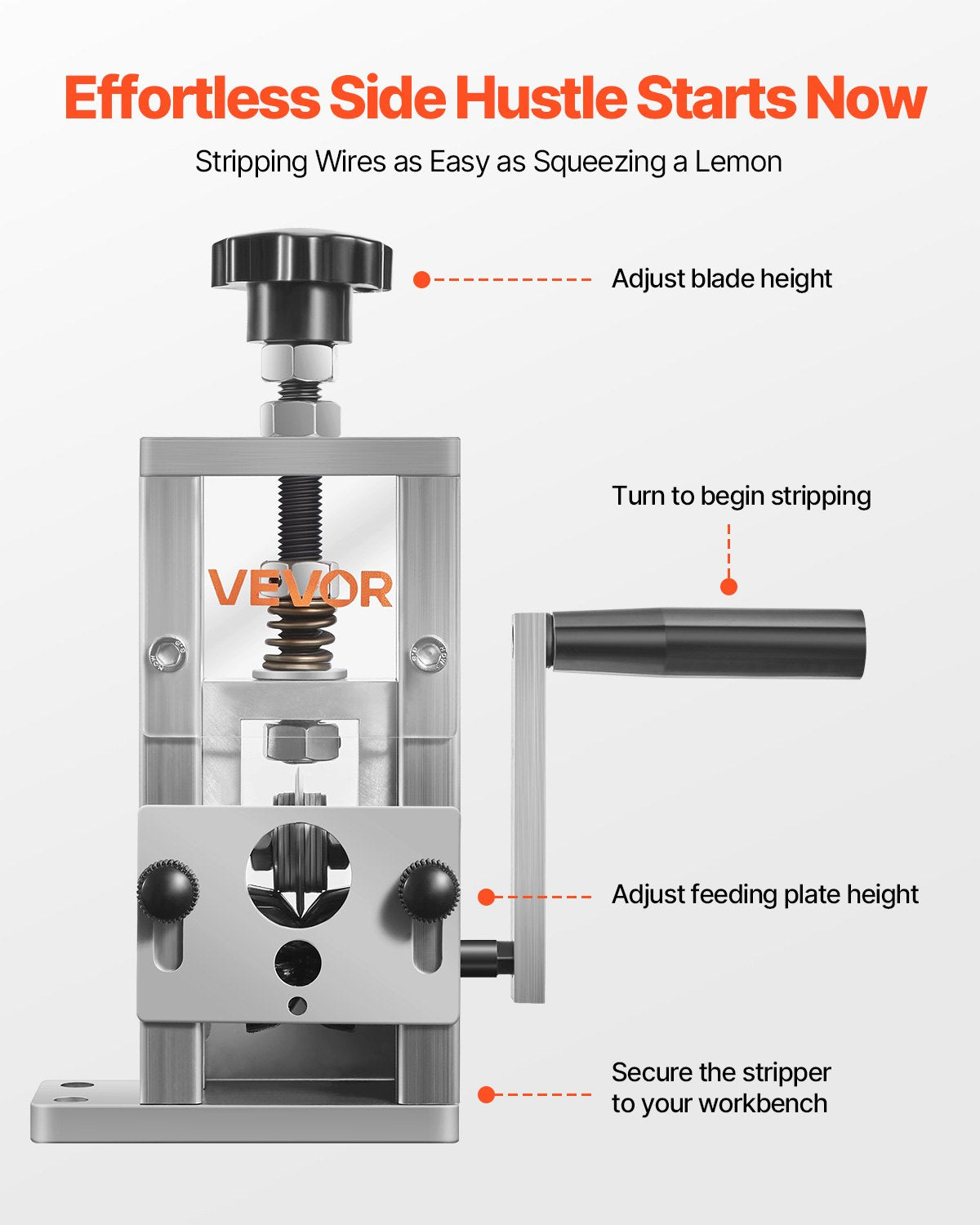 VEVOR Manual Wire Stripping Machine, 1.5-25 mm, Copper Stripper with Hand Crank or Drill Powered, 64Mn Quenched Blades, 45# Steel Rollers, Aluminum Alloy Frame Wire Peeler, for Scrap Copper Recycling