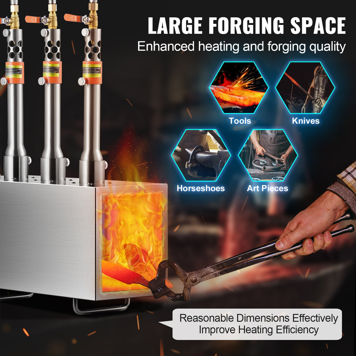 Portable Propane Forge, 3 Burner Farrier Forge, 2600℉ Tool and Knife Making Blacksmithing Gas Forge, Large Capacity Square Stainless Steel Gas Forging Tools and Equipment for Metal Forging