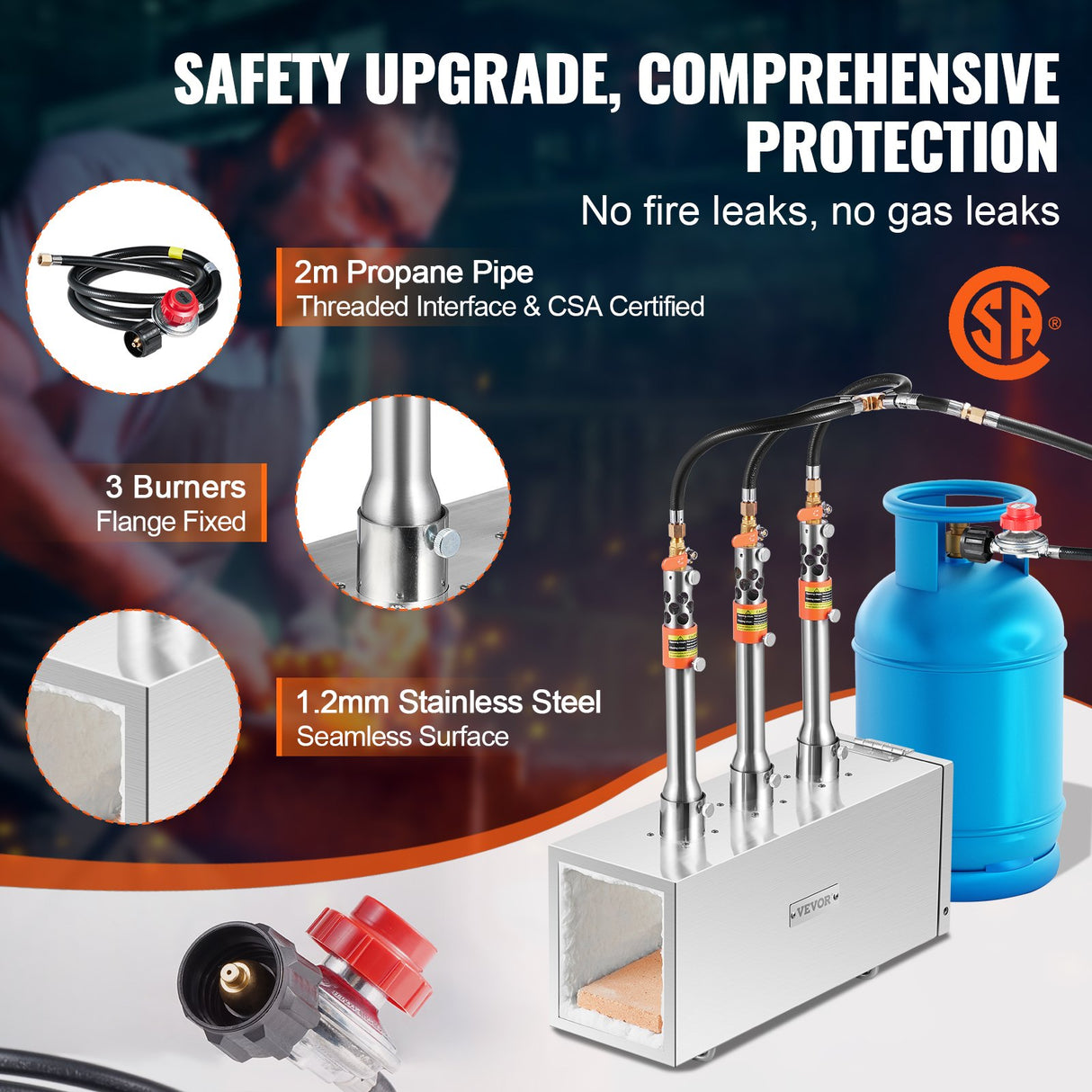 Portable Propane Forge, 3 Burner Farrier Forge, 2600℉ Tool and Knife Making Blacksmithing Gas Forge, Large Capacity Square Stainless Steel Gas Forging Tools and Equipment for Metal Forging