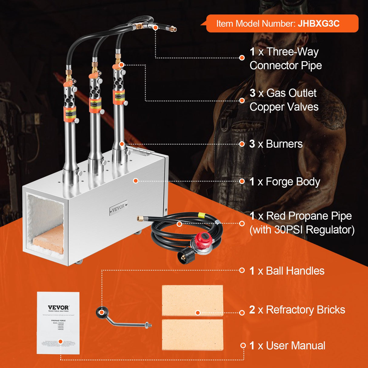 Portable Propane Forge, 3 Burner Farrier Forge, 2600℉ Tool and Knife Making Blacksmithing Gas Forge, Large Capacity Square Stainless Steel Gas Forging Tools and Equipment for Metal Forging