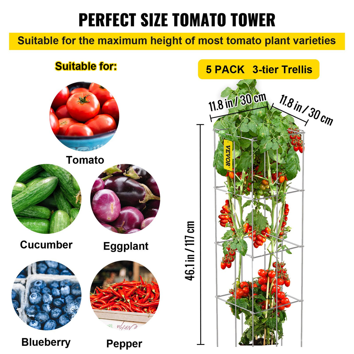 VEVOR Tomato Cages, 30 x 30 x 117 cm, 5 Packs Square Plant Support Cages, Silver PVC-Coated Steel Tomato Towers for Climbing Vegetables, Plants, Flowers, Fruits