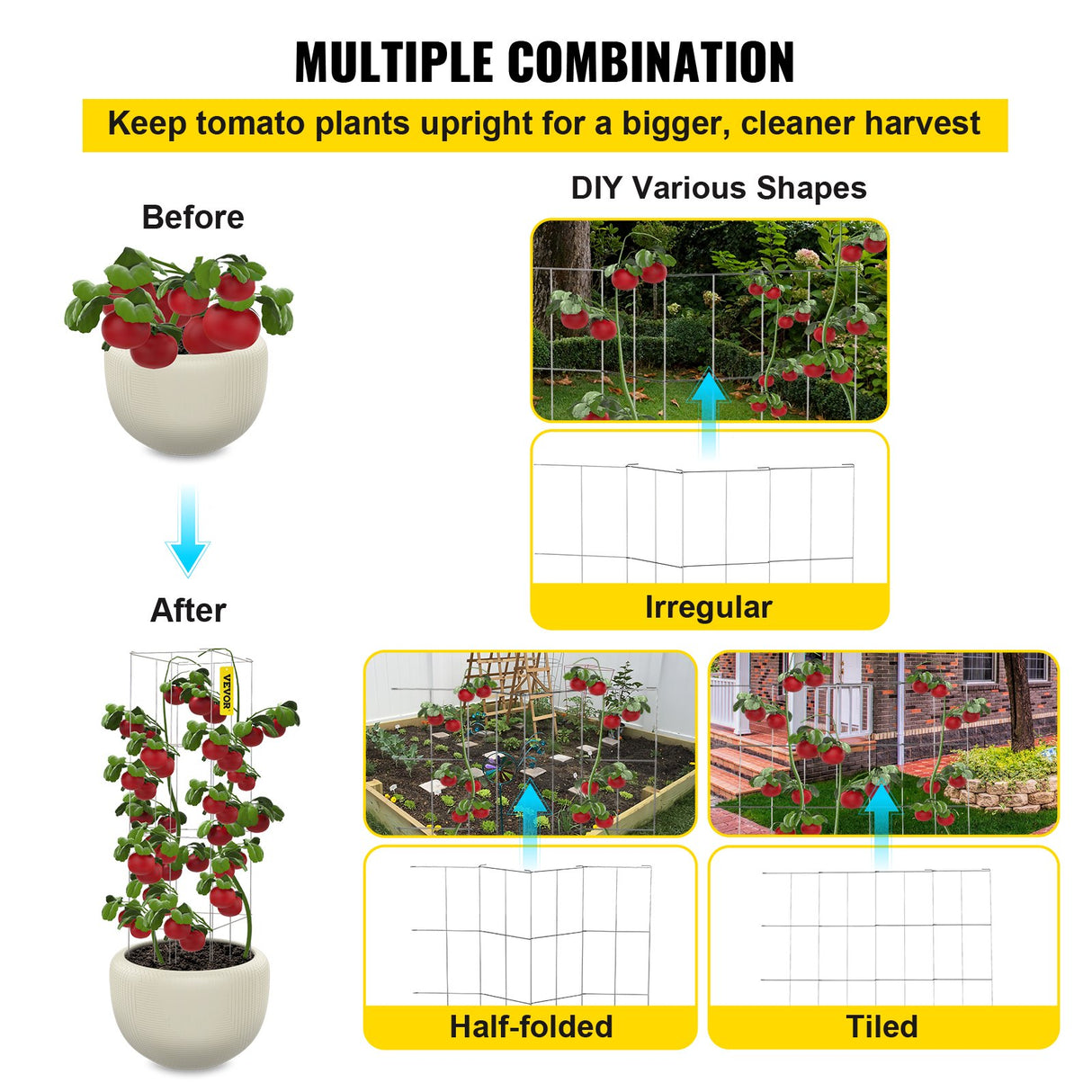 VEVOR Tomato Cages, 30 x 30 x 117 cm, 5 Packs Square Plant Support Cages, Silver PVC-Coated Steel Tomato Towers for Climbing Vegetables, Plants,