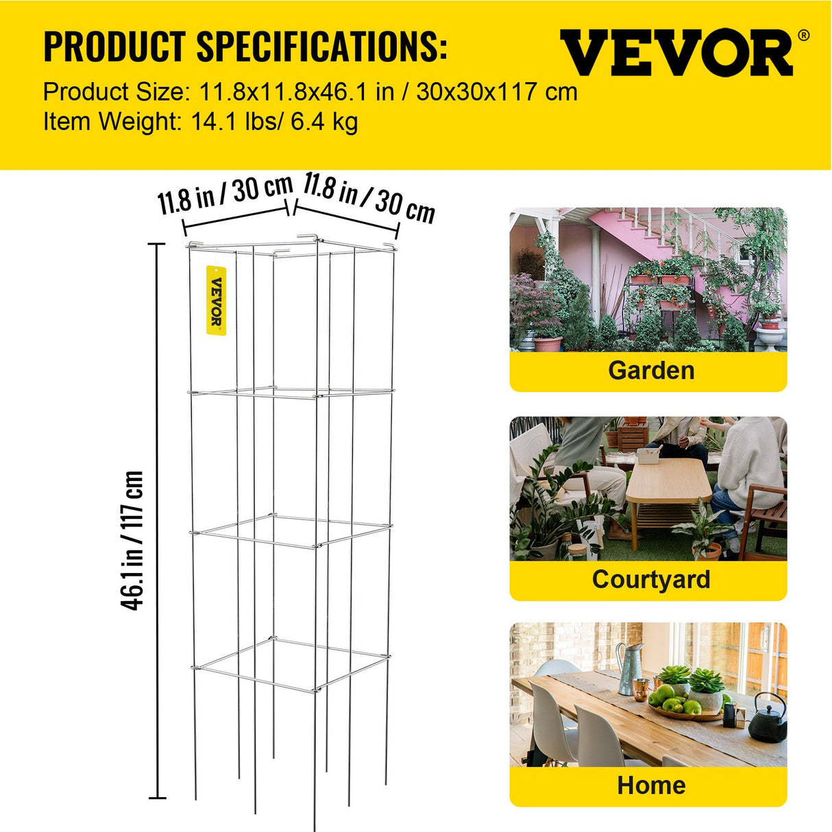 VEVOR Tomato Cages, 30 x 30 x 117 cm, 5 Packs Square Plant Support Cages, Silver PVC-Coated Steel Tomato Towers for Climbing Vegetables, Plants, Flowers, Fruits
