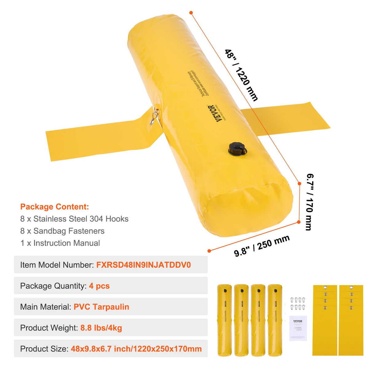 VEVOR Flood Barriers, Sandbag Alternative Flood Bags 4 Pack, Flood Barrier for Home, Water Barriers for Flooding, Doorway, Driveway(4FTx6in)