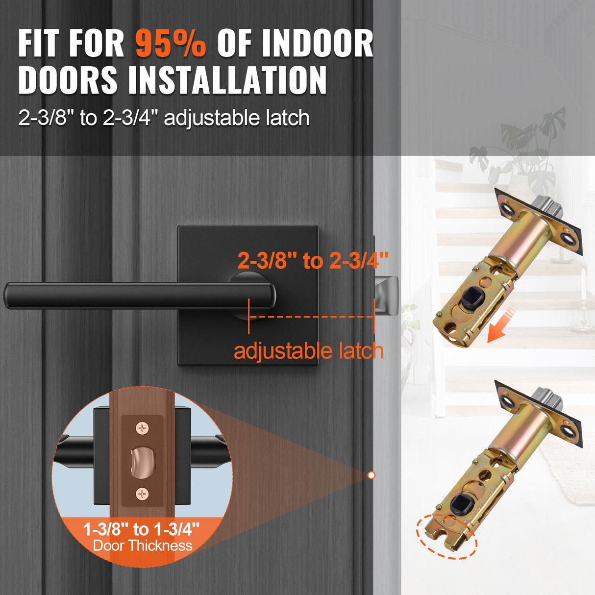 VEVOR Passage Door Handle, 1 Pack Matte Black Door Lever, Left or Right Handing Reversible Lever Non-Locking, Rotation to Open, Square Interior Door