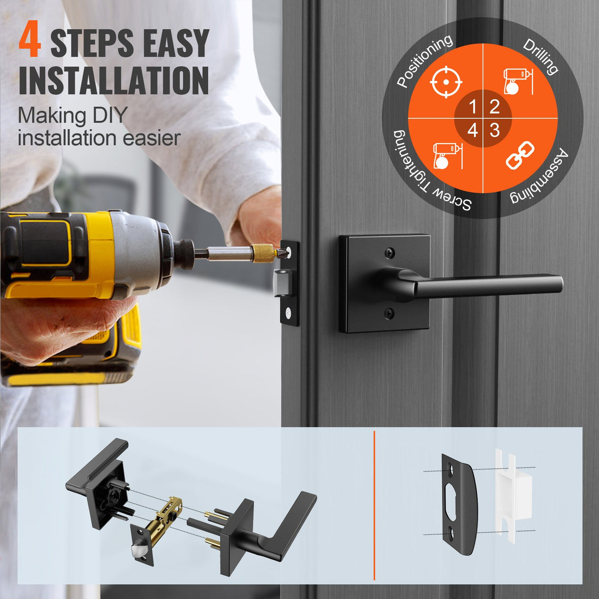VEVOR Passage Door Handle, 1 Pack Matte Black Door Lever, Left or Right Handing Reversible Lever Non-Locking, Rotation to Open, Square Interior Door