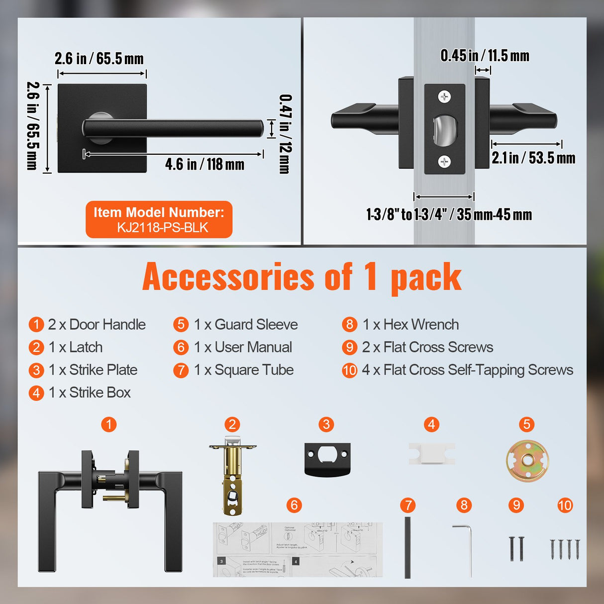 VEVOR Passage Door Handle, 1 Pack Matte Black Door Lever, Left or Right Handing Reversible Lever Non-Locking, Rotation to Open, Square Interior Door