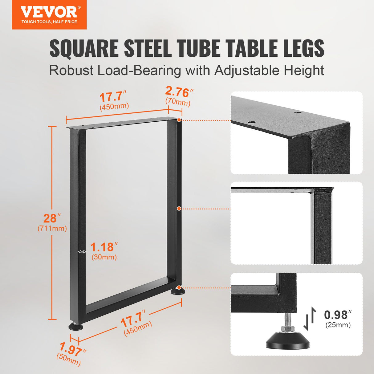 VEVOR 711.2MM Adjustable Furniture Legs, Square Reinforced Steel Office Table legs Set of 2 for DIY, Max Load 453.6KG Heavy Duty Desk Legs, Quick