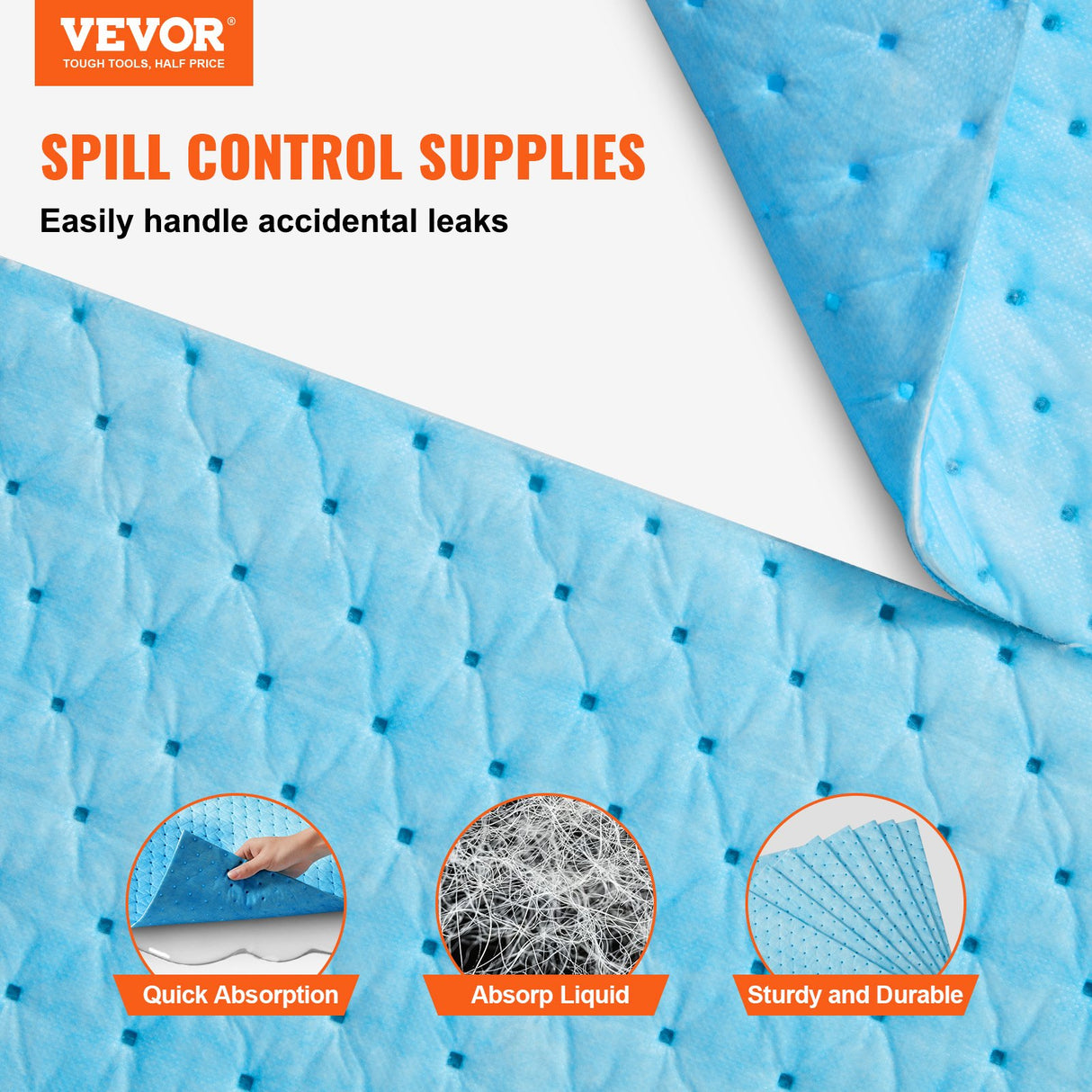 VEVOR Spill Absorbent Pads, Water Absorbing Mat Pad in Dispenser Box, 6 Gal Capacity, 15" L x19" W Polypropylene Absorbent Pad for Water, 30 pcs per