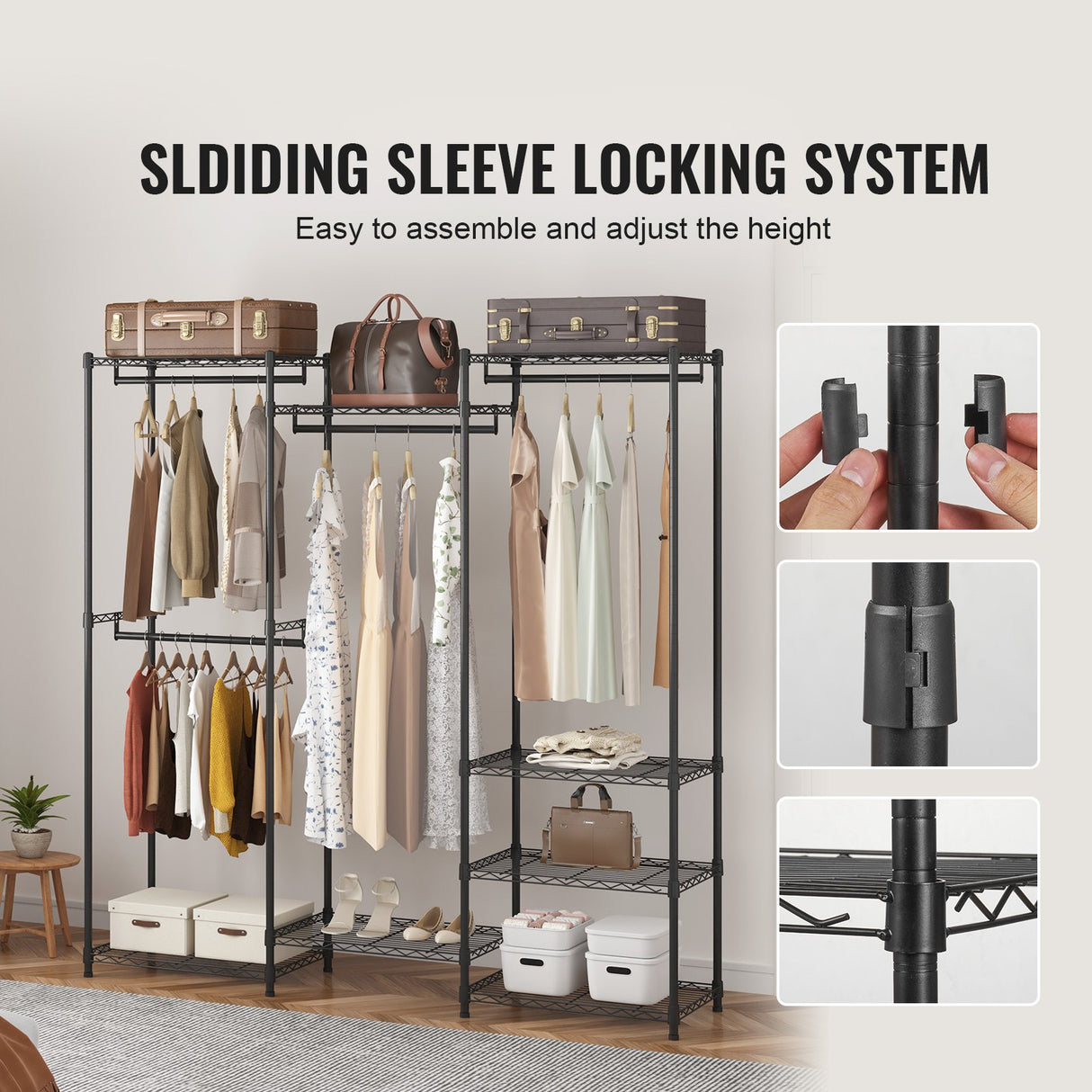 VEVOR Heavy Duty Clothes Rack, Rolling Clothing Garment Rack with 4 Hang Rods & 8 Storage Tiers, Adjustable Custom Closet Rack, Freestanding Wardrobe for Hanging Clothes, 362 kg Load Capacity
