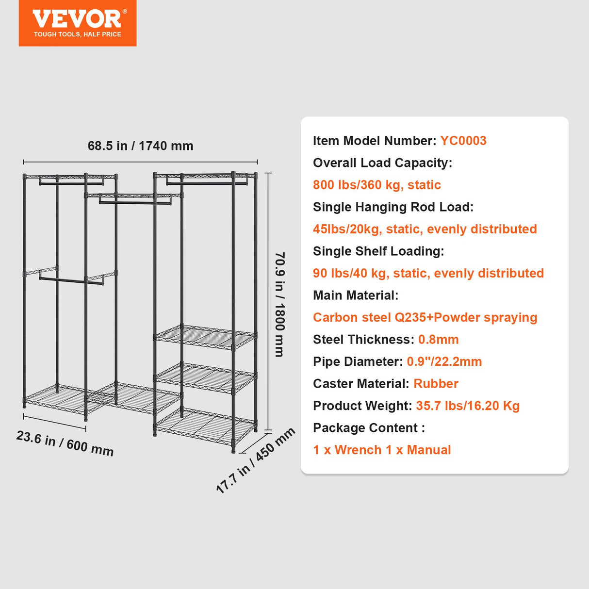 VEVOR Heavy Duty Clothes Rack, Rolling Clothing Garment Rack with 4 Hang Rods & 8 Storage Tiers, Adjustable Custom Closet Rack, Freestanding Wardrobe for Hanging Clothes, 362 kg Load Capacity