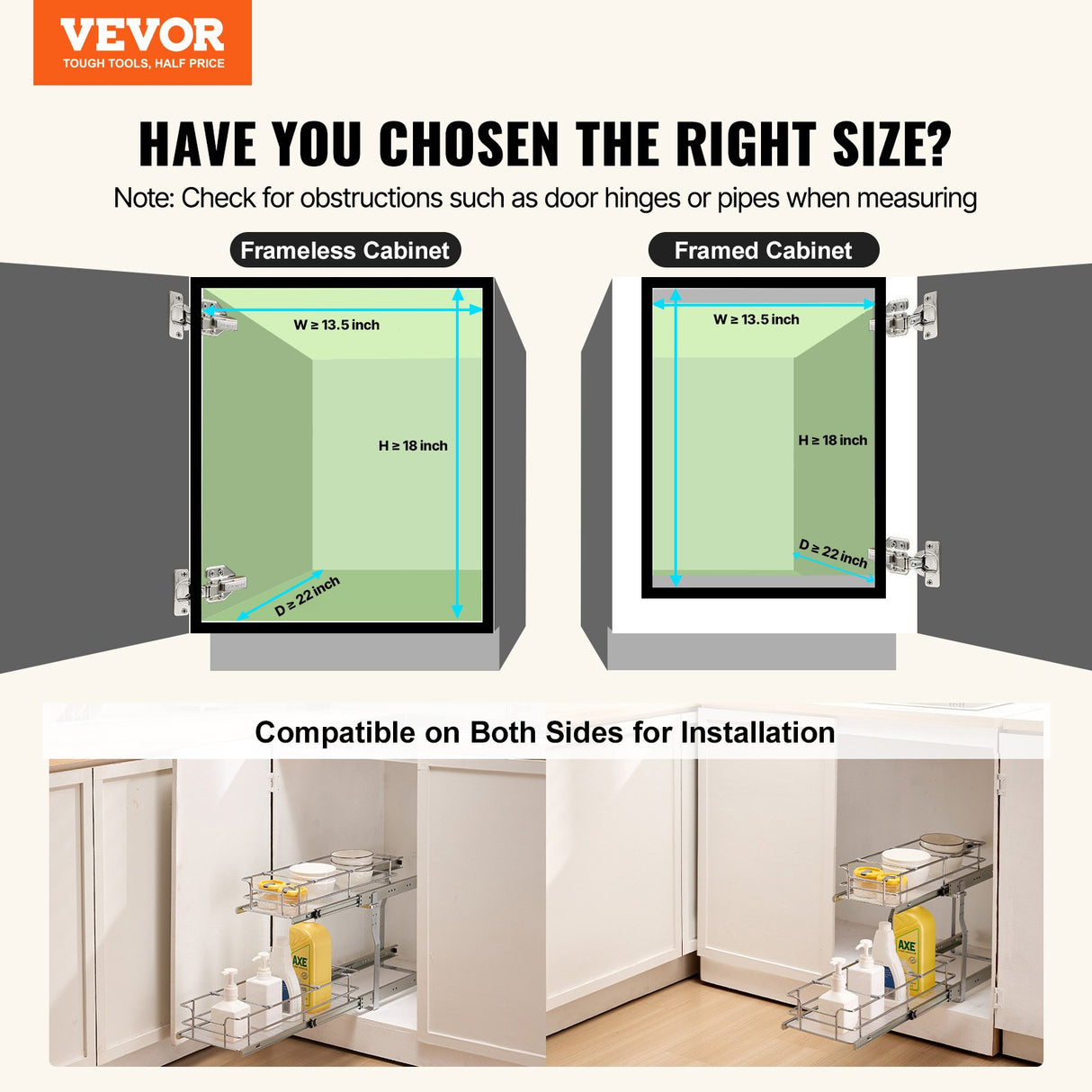 12"Wx21"Dx15"H Pull Out Cabinet Organizer, Heavy Duty Slide Out Pantry Shelves, Steel Roll Out Drawers, Sliding Drawer Storage for Home Under Sink, 13.5"Wx22"Dx18"H Install Size for Cabinet