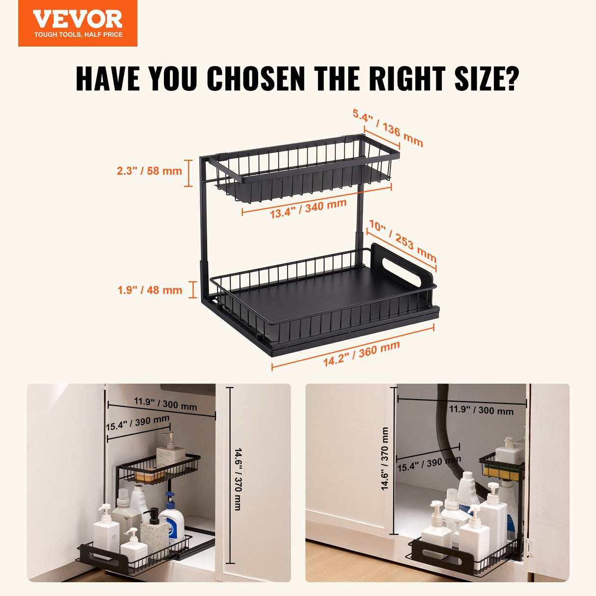 VEVOR 2-Tier Wire Pull Out Cabinet Under Sink Organizer 10.7"x14.2" Drawer Basket