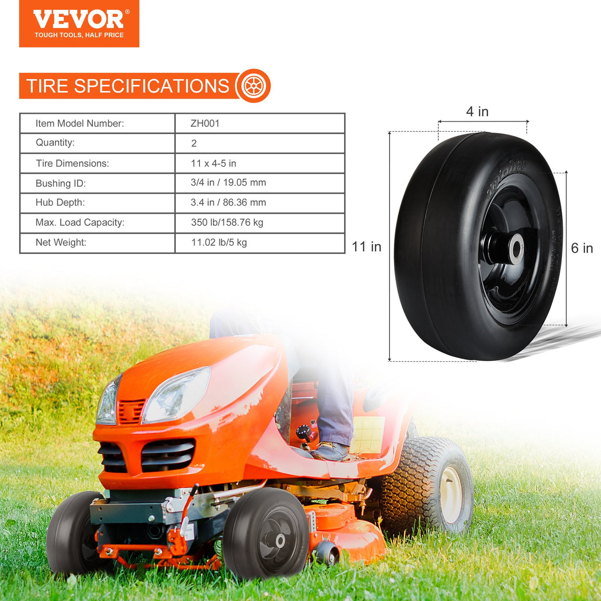 VEVOR Lawn Mower Tires with Rim, 11x4-7" Tubeless Tractor Tires, 2-Pack Tire and Wheel Assemby, Flat-free PU Tire, 3.4" Centered Hub, 3/4" Bushing