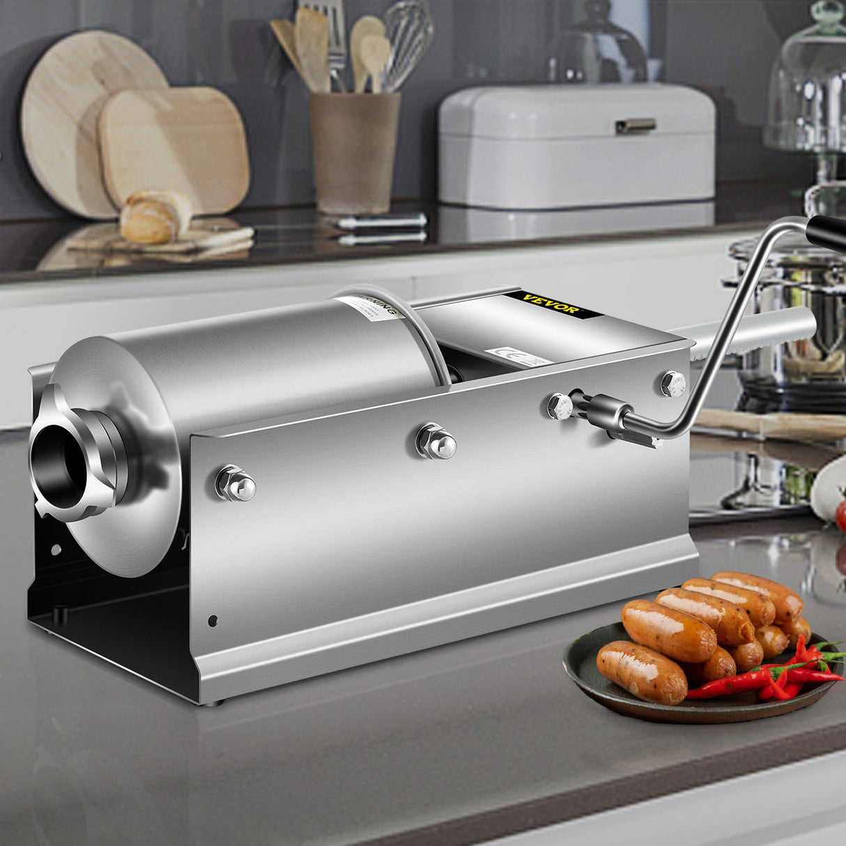 VEVOR Manual Sausage Stuffer, 3 L / 7 LBS Horizontal Sausage Machine, Dual-Speed Meat Stuffer, Made of Food-Grade 304 Stainless Steel, Includes 5