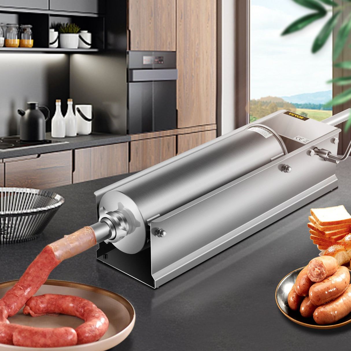 VEVOR Manual Sausage Stuffer, 7 L / 15 LBS Horizontal Sausage Machine, Dual-Speed Meat Stuffer, Made of Food-Grade 304 Stainless Steel, Includes 5