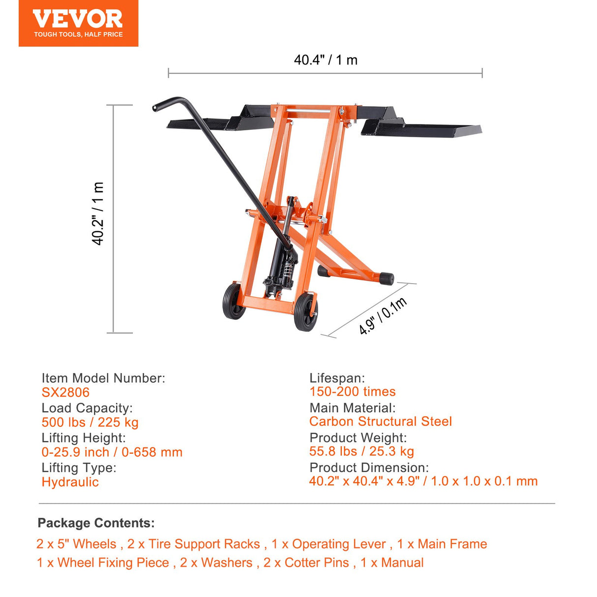VEVOR Lawn Mower Lift with Hydraulic Jack, 500 Lbs Weight Capacity, Solid Carbon Steel Lawn Mower Lift, Adjustable Movable Lawn Lifter for Riding Tractors and Zero Turn Lawn Mowers, Orange