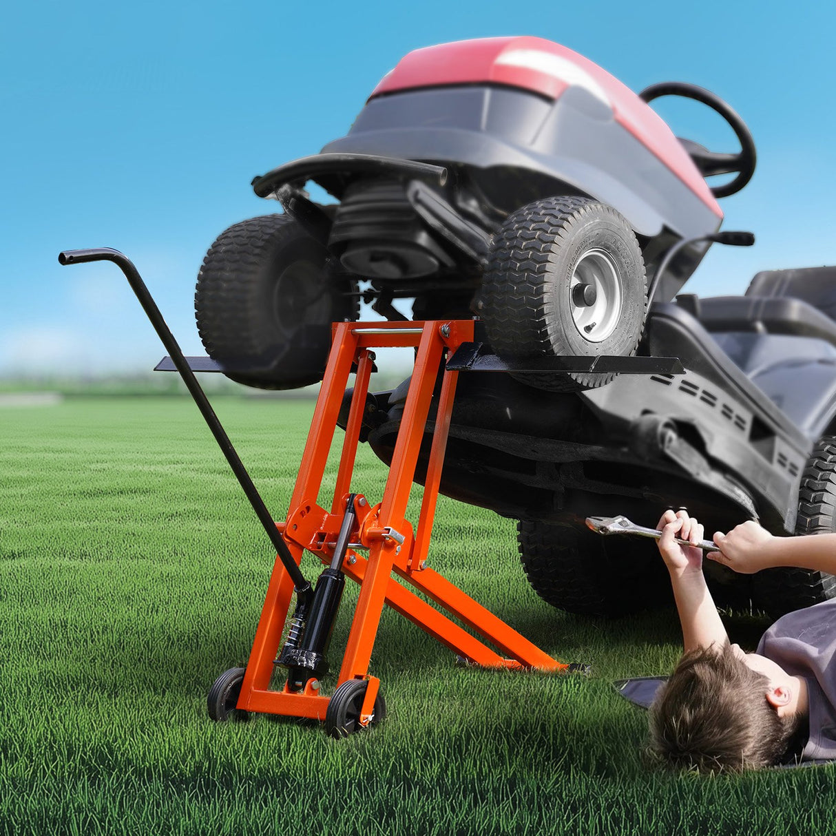 VEVOR Lawn Mower Lift with Hydraulic Jack, 500 Lbs Weight Capacity, Solid Carbon Steel Lawn Mower Lift, Adjustable Movable Lawn Lifter for Riding Tractors and Zero Turn Lawn Mowers, Orange