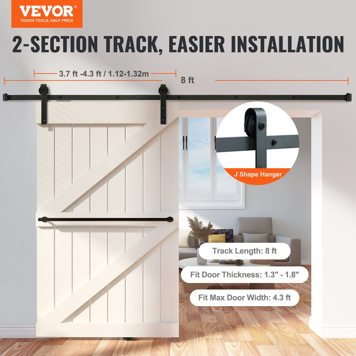 VEVOR 8FT Sliding Barn Door Hardware Closet Track Kit for Single Door J Hanger