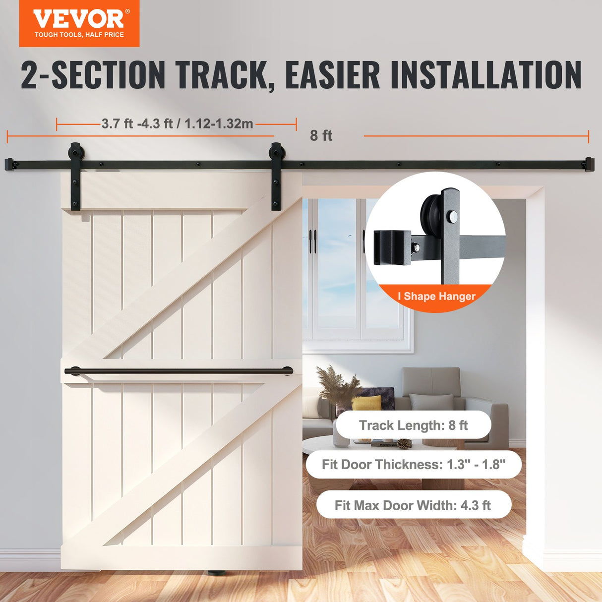 VEVOR 8FT Sliding Barn Door Hardware Closet Track Kit for Single Door I Hanger