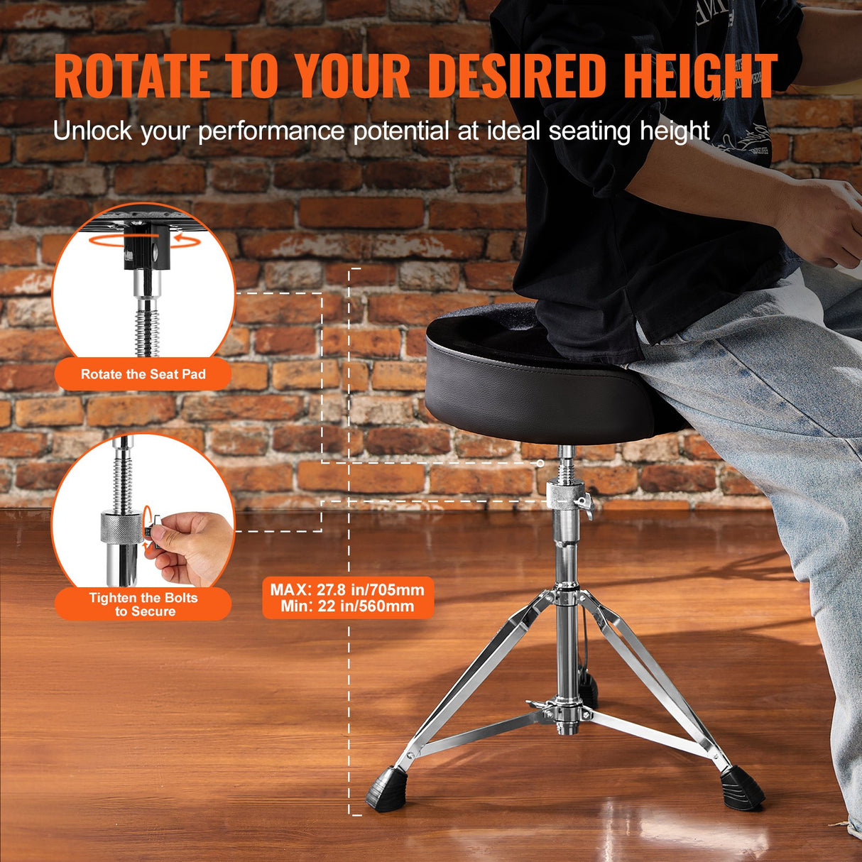 VEVOR Saddle Drum Throne, 560-705 mm Height Adjustable, Padded Drum Stool Seat with Anti-Slip Feet Drumsticks 227 kg Max Weight Capacity, Swivel Drum Chair for Drummers