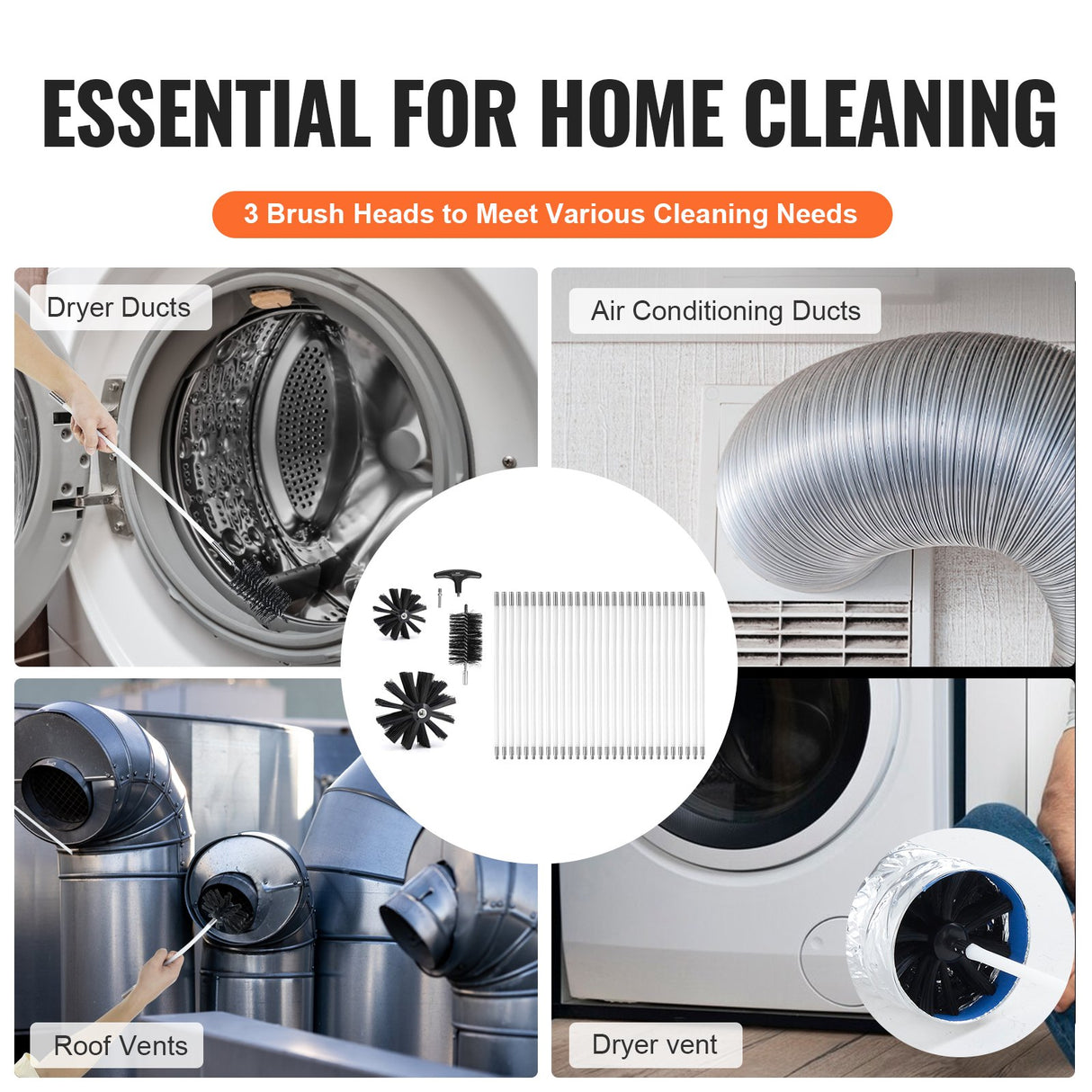 VEVOR 29 Pieces 12.2M Dryer Vent Cleaner Kit, Include 3 Different Sizes Flexible Lint Trap Brush, Reinforced Nylon Duct Cleaning Dryer Vent Brush,