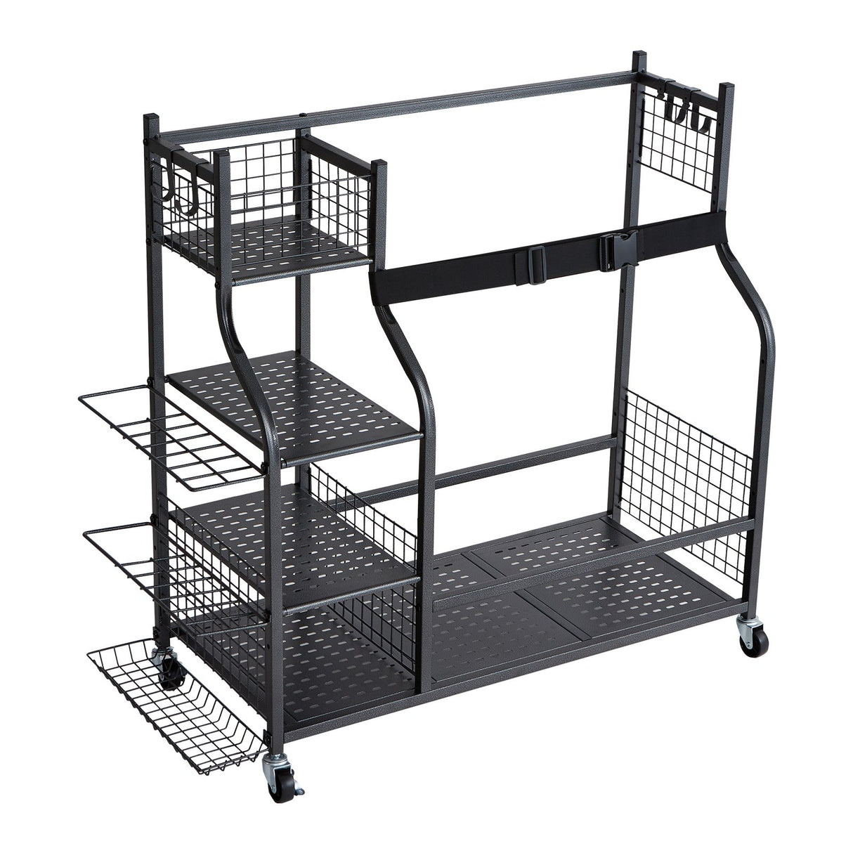 Golf Storage Garage Organizer, 2 Golf Bag Stand Holder and Other Sports Equipment Storage Rack, Rolling Ball Cart on Wheels, Outdoor Sport Gear and Toy Storage with Baskets & Hooks, Steel, Black