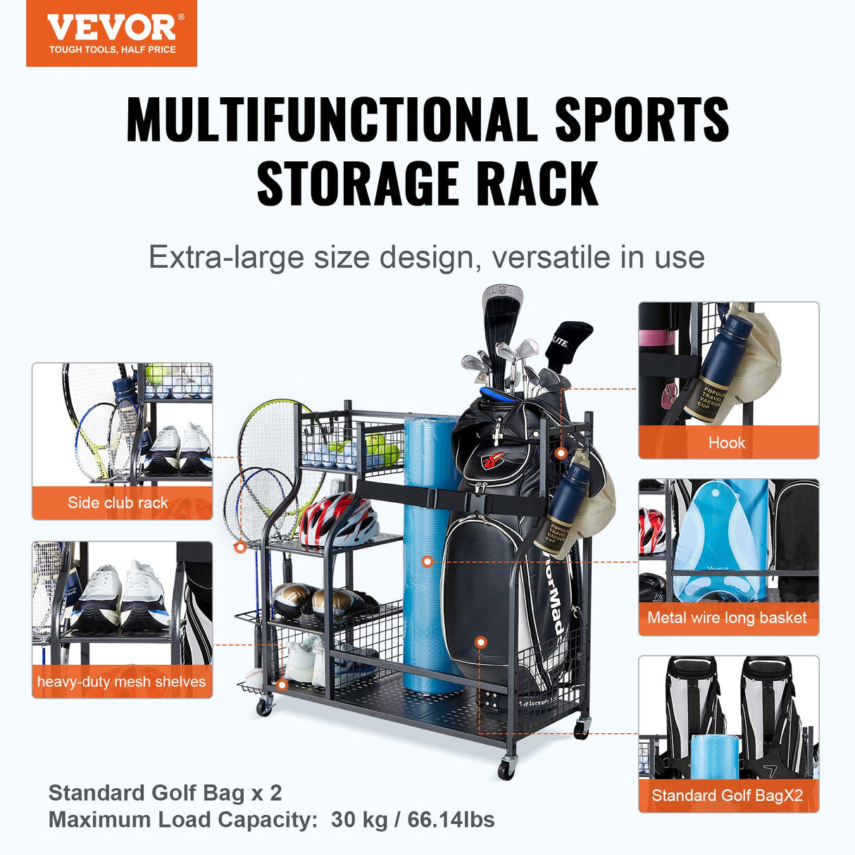 VEVOR Golf Storage Garage Organizer, 2 Golf Bag Stand Holder and Other Sports Equipment Storage Rack, Rolling Ball Cart on Wheels, Outdoor Sport Gear