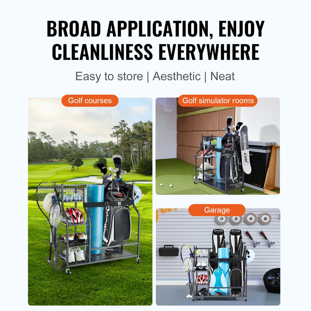 VEVOR Golf Storage Garage Organizer, 2 Golf Bag Stand Holder and Other Sports Equipment Storage Rack, Rolling Ball Cart on Wheels, Outdoor Sport Gear