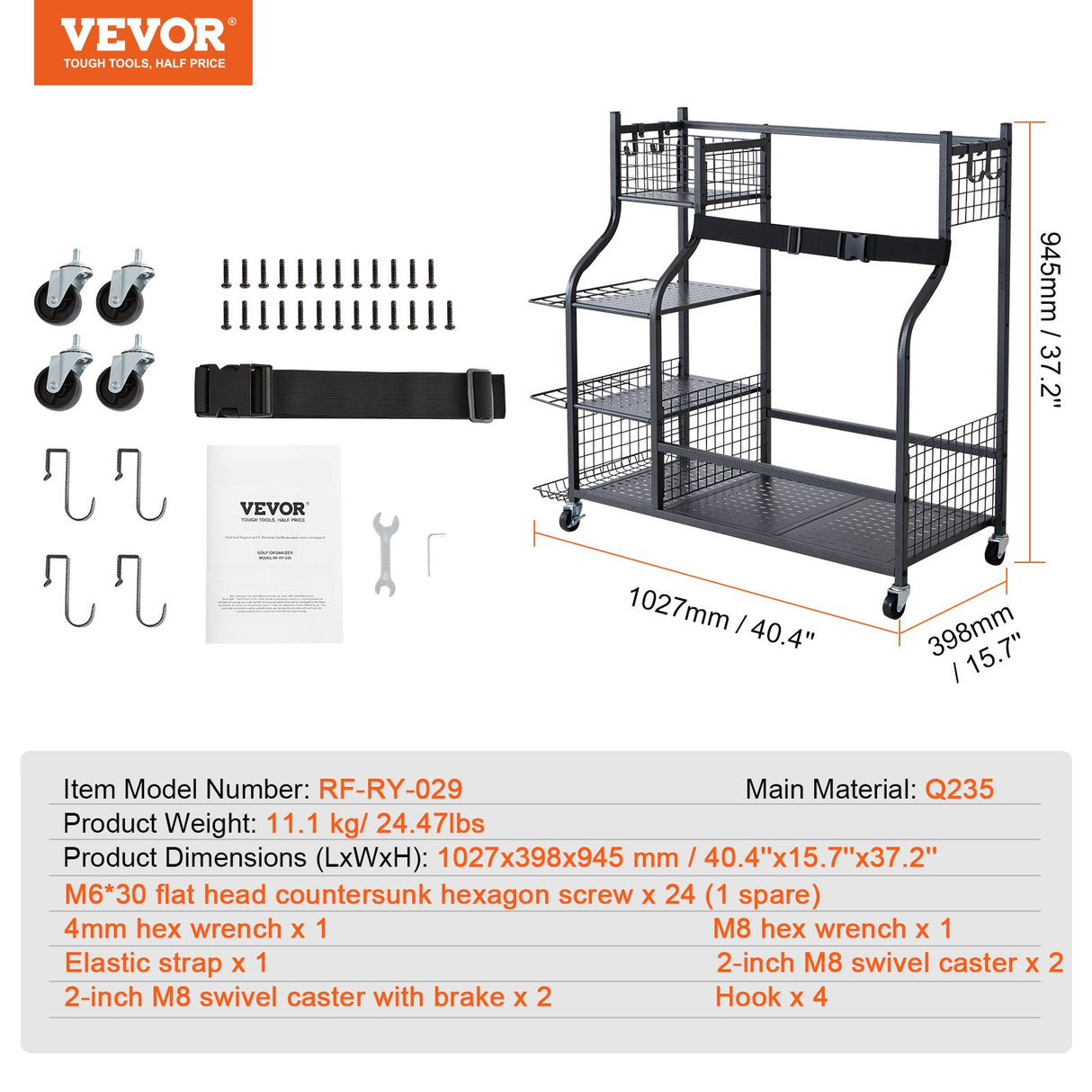 VEVOR Golf Storage Garage Organizer, 2 Golf Bag Stand Holder and Other Sports Equipment Storage Rack, Rolling Ball Cart on Wheels, Outdoor Sport Gear