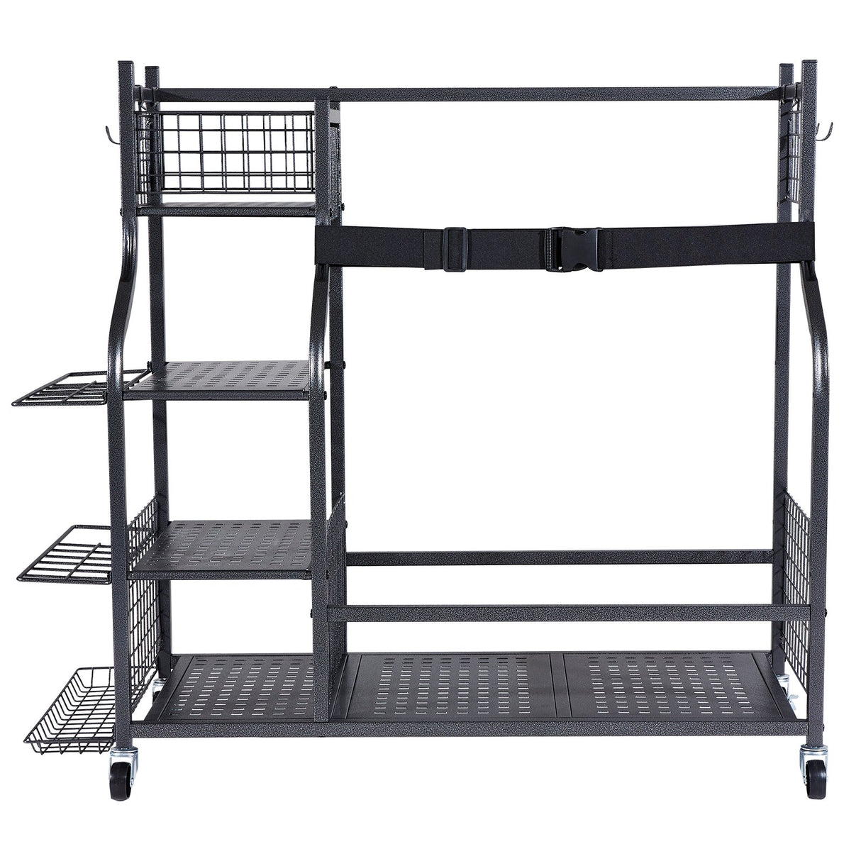 Golf Storage Garage Organizer, 2 Golf Bag Stand Holder and Other Sports Equipment Storage Rack, Rolling Ball Cart on Wheels, Outdoor Sport Gear and Toy Storage with Baskets & Hooks, Steel, Black
