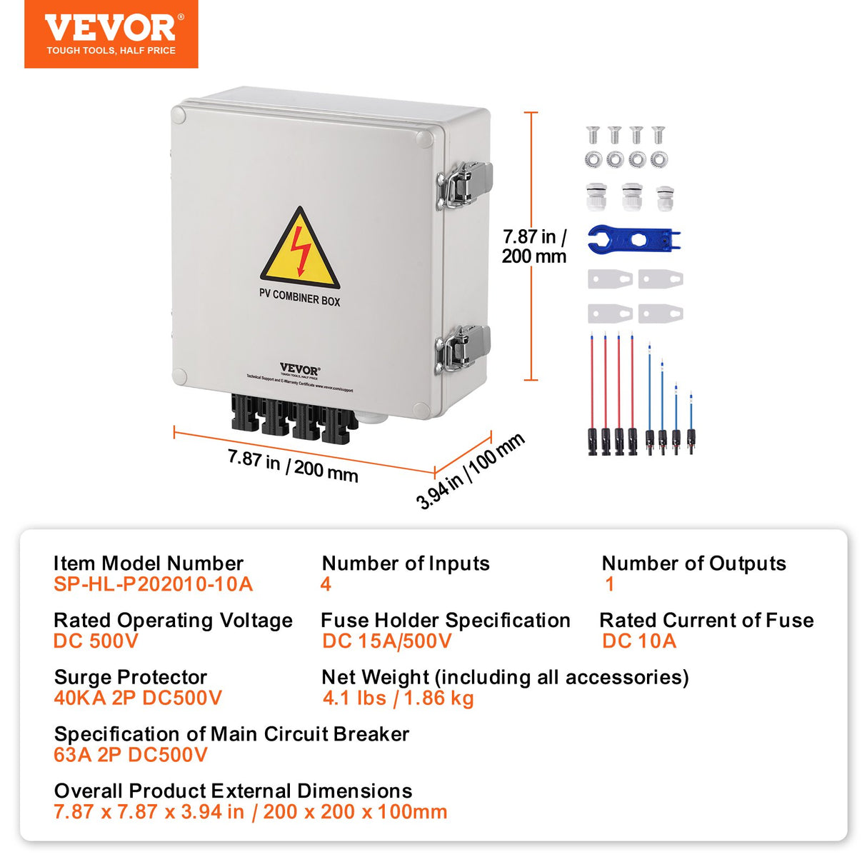 VEVOR Solar PV Combiner Box 4 String 10A for Solar Panel System ABS Case IP65