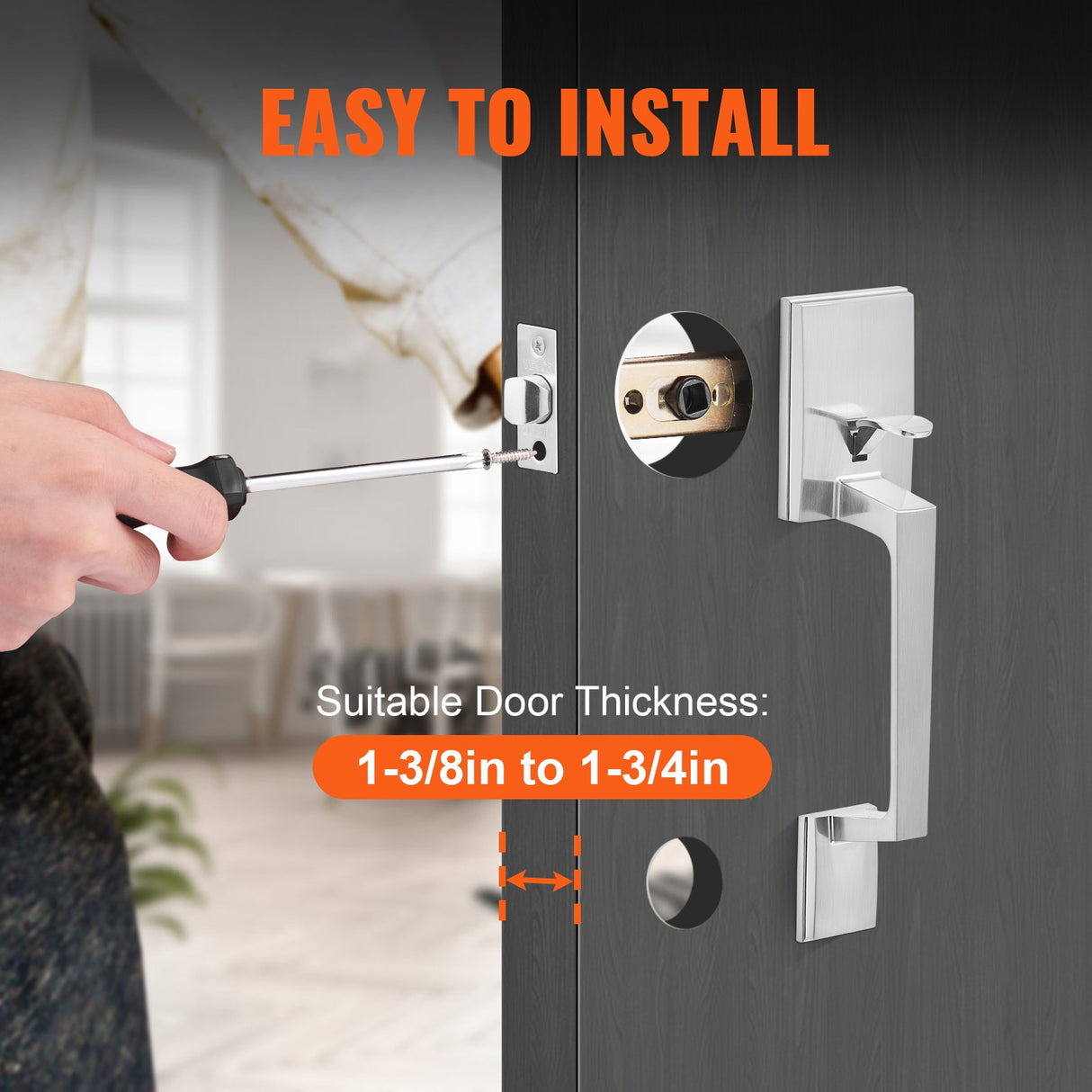 VEVOR Entry Door Handle, Satin Nickel Square Handle Set with Lever Door Handle No Lock, Adjustable Hole Space, Front Door Handle with Reversible for