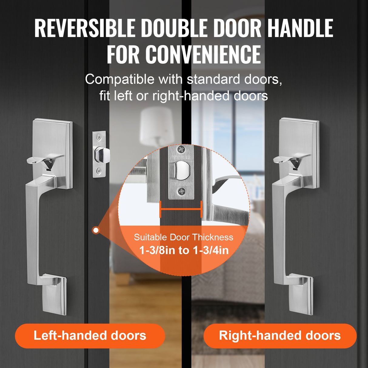 VEVOR Entry Door Handle, Satin Nickel Square Handle Set with Lever Door Handle No Lock, Adjustable Hole Space, Front Door Handle with Reversible for
