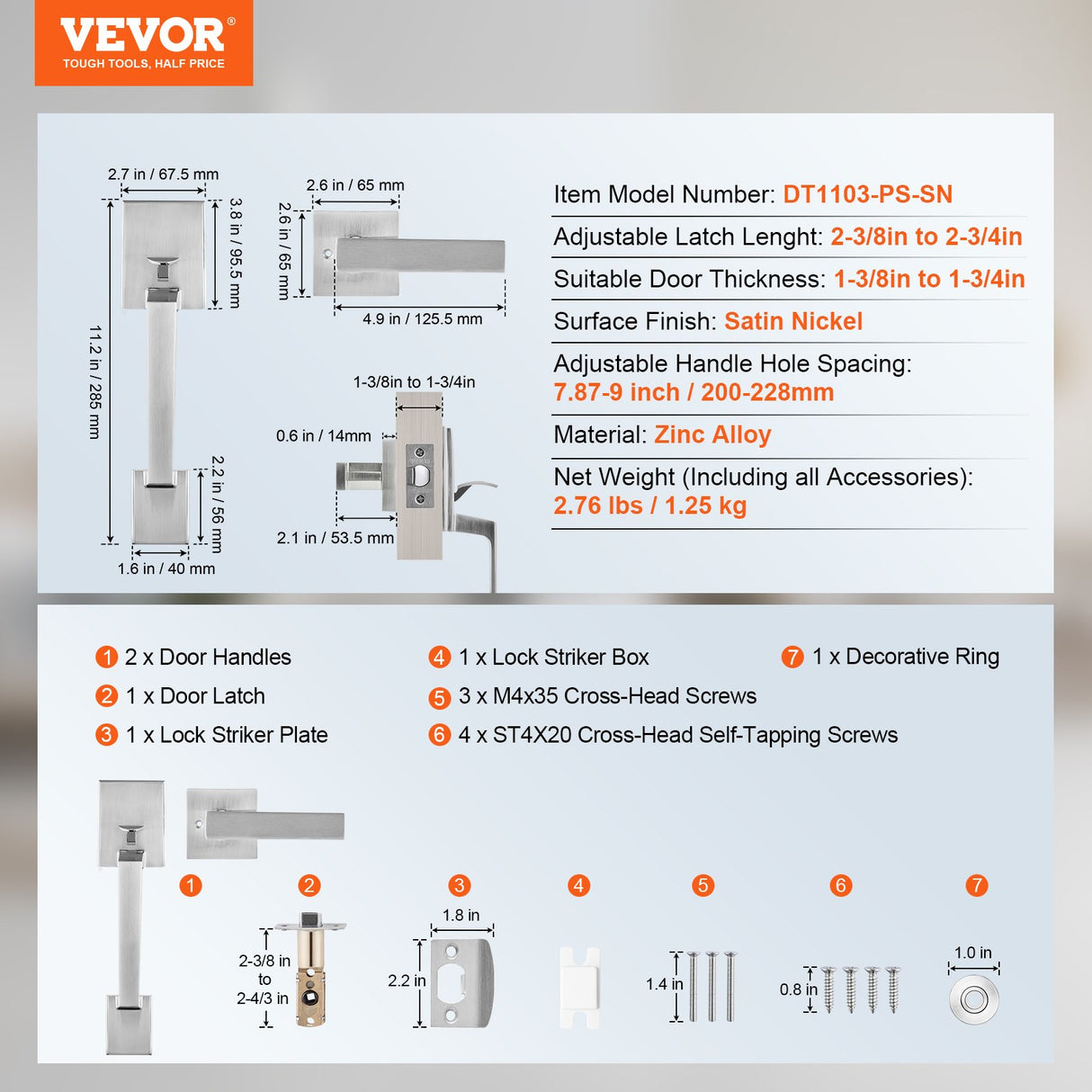 VEVOR Entry Door Handle, Satin Nickel Square Handle Set with Lever Door Handle No Lock, Adjustable Hole Space, Front Door Handle with Reversible for