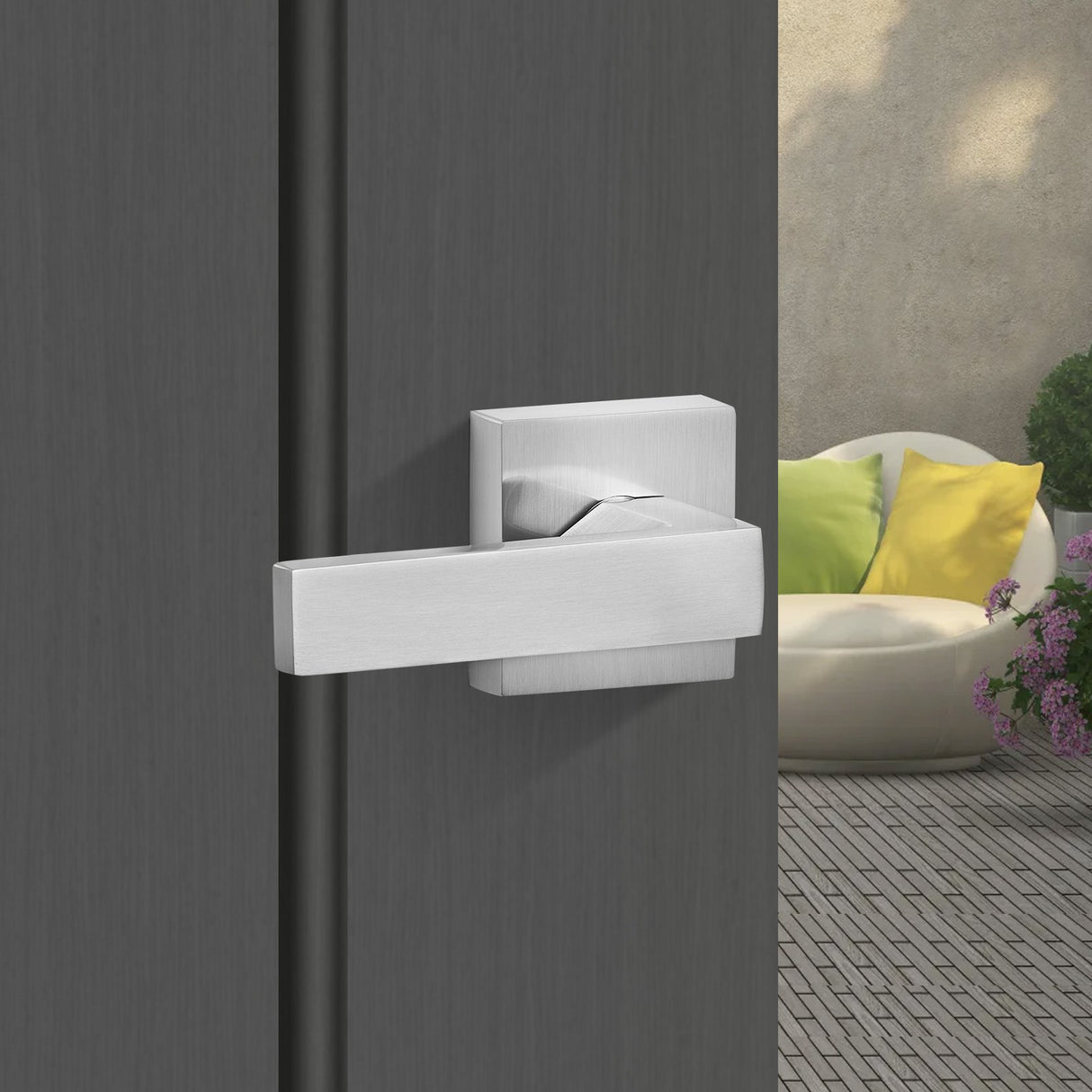 VEVOR Entry Door Handle, Satin Nickel Square Handle Set with Lever Door Handle No Lock, Adjustable Hole Space, Front Door Handle with Reversible for