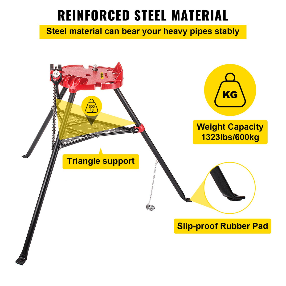 VEVOR Tripod Pipe Chain Vice Stand 1/8" to 6" w/ Steel Legs & Rubber Mounts Bib