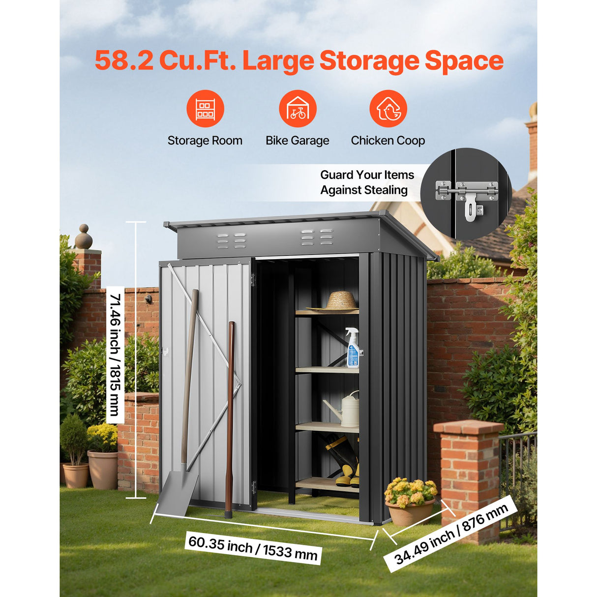 1533 x 876 x 1815 mm Metal Garden Shed, Storage Building with Lockable Door & 2 Louver Vents, Sloped Roof Metal Outdoor Storage Shed, Tool Sheds Outdoor Storage for Backyard, Garden, Patio