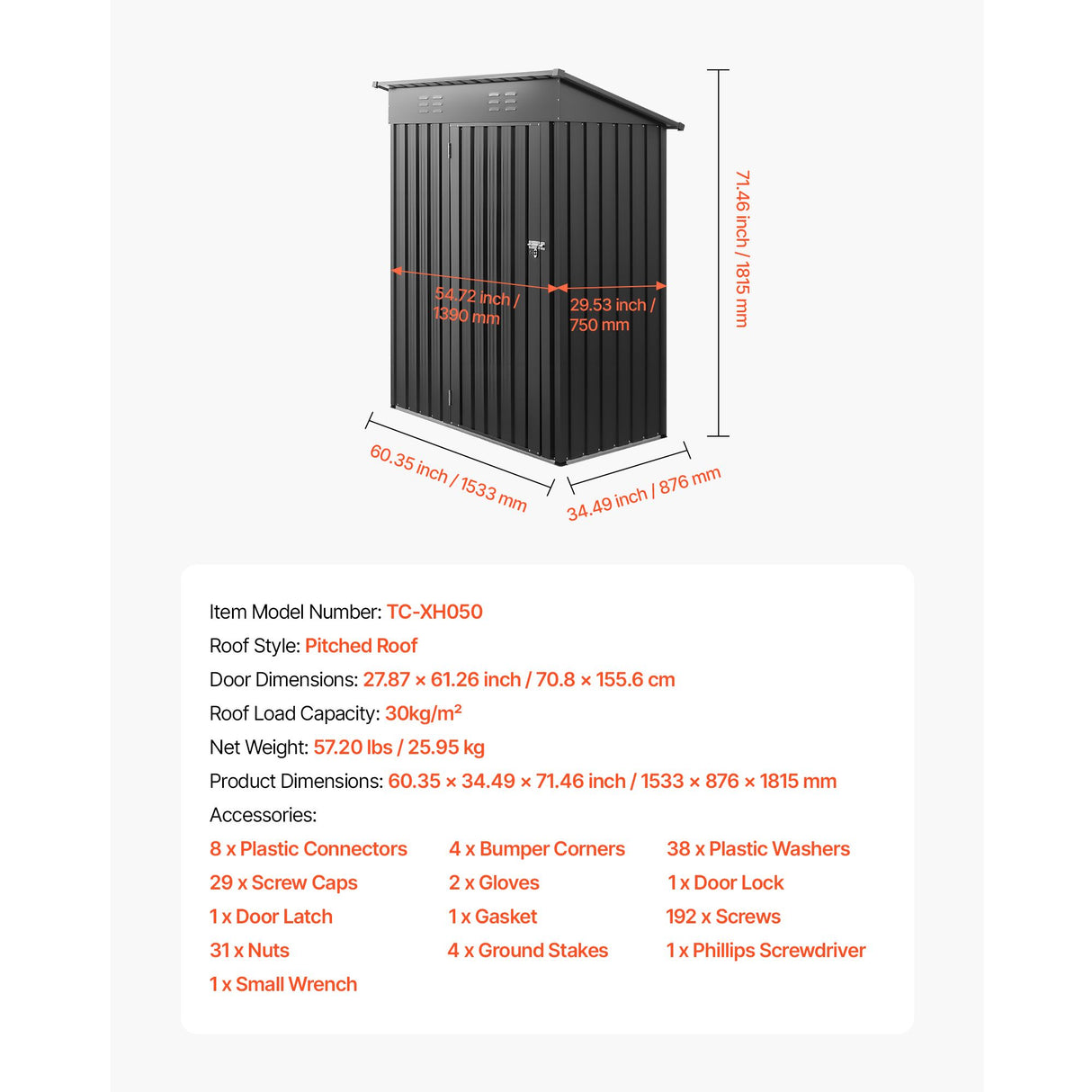 1533 x 876 x 1815 mm Metal Garden Shed, Storage Building with Lockable Door & 2 Louver Vents, Sloped Roof Metal Outdoor Storage Shed, Tool Sheds Outdoor Storage for Backyard, Garden, Patio