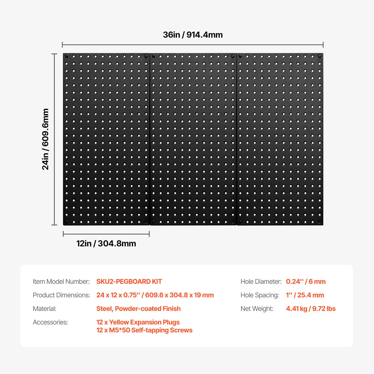 VEVOR Metal Pegboard Panels609.6 x 304.8 mm3 Panels Wall Organizer for Home