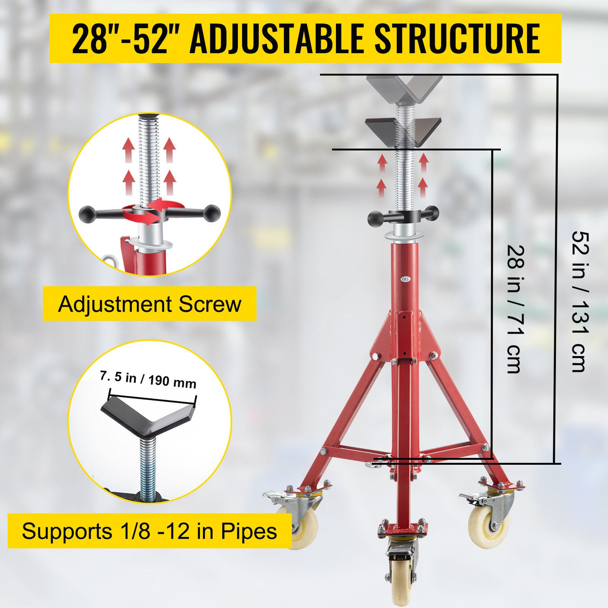 VEVOR Pipe Stand, Pipe Jack Stands with Casters Adjustable Height 28-52 Inch, V Head Pipe Stand 882 LB, Folding Portable Pipe Stands 1/8 to 12 Inch