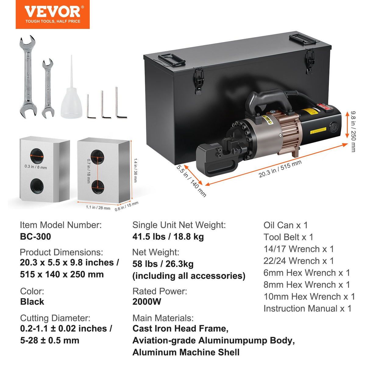 VEVOR 2000W Electric Hydraulic Rebar Cutter Cutting up to 1.1 Inch 5-28mm