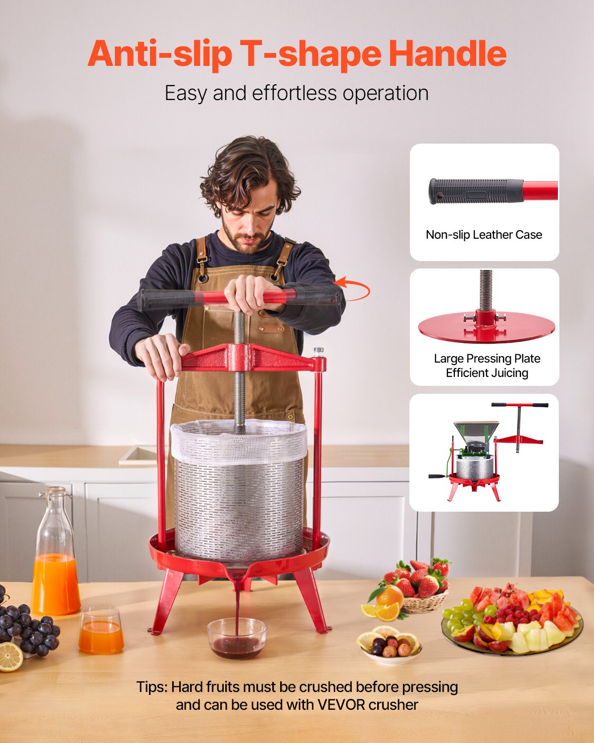 VEVOR 3.69 Gal/14L Fruit Wine Press, Stainless Steel Basket with Cross-beam and Triangular Structure, Manual Juice Maker, Cider Apple Grape Tincture Making Press with T-Handle for Kitchen Home